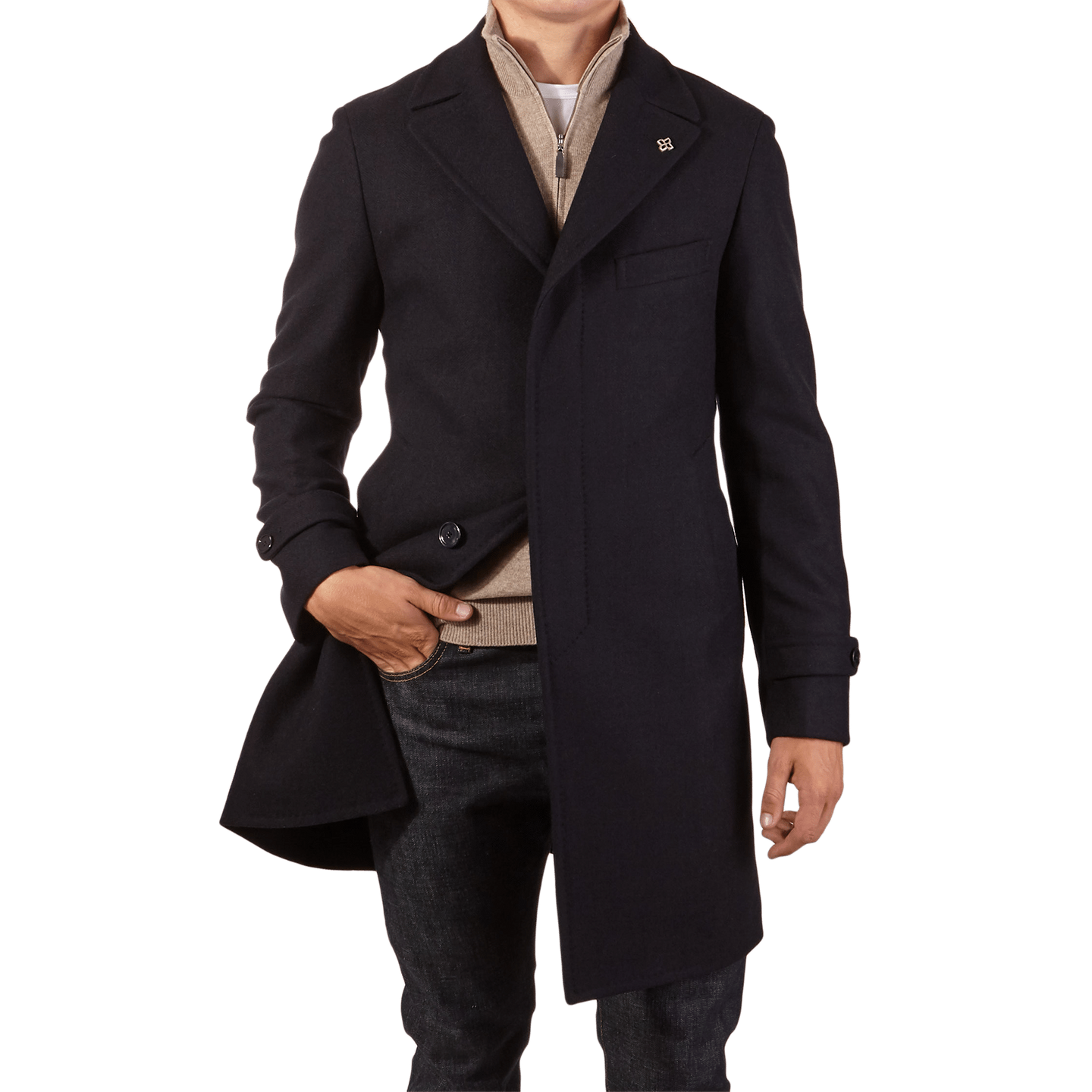 Tagliatore - Navy Herringbone Wool Cashmere Coat | Baltzar