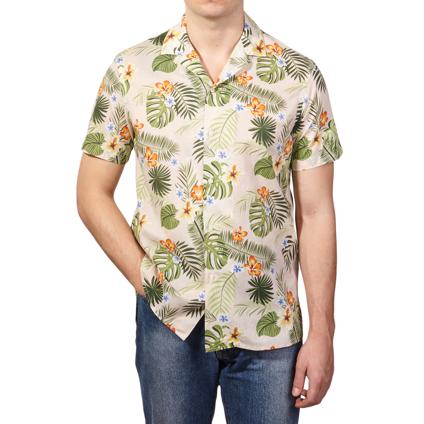 Altea - Beige Printed Flowers Short Sleeve Shirt | Baltzar