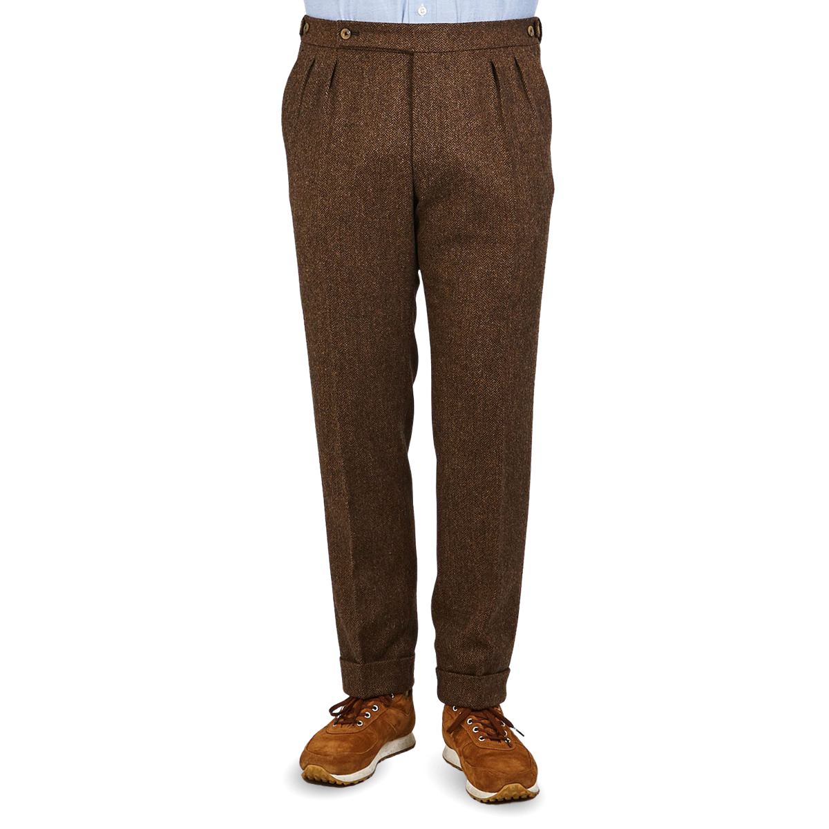 Berwich Brown Herringbone Wool Tweed Pleated Trousers Baltzar