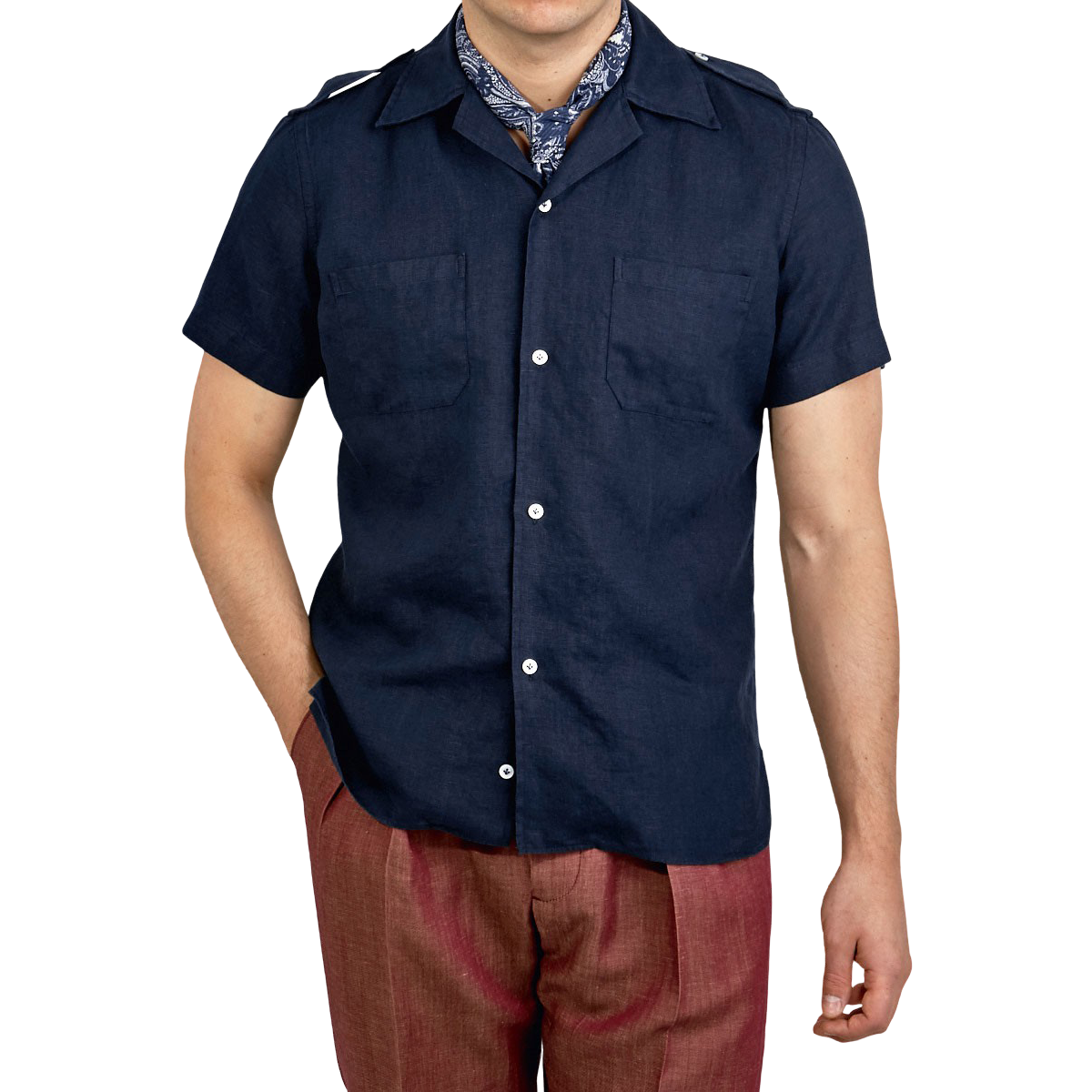 blue shirt with epaulettes