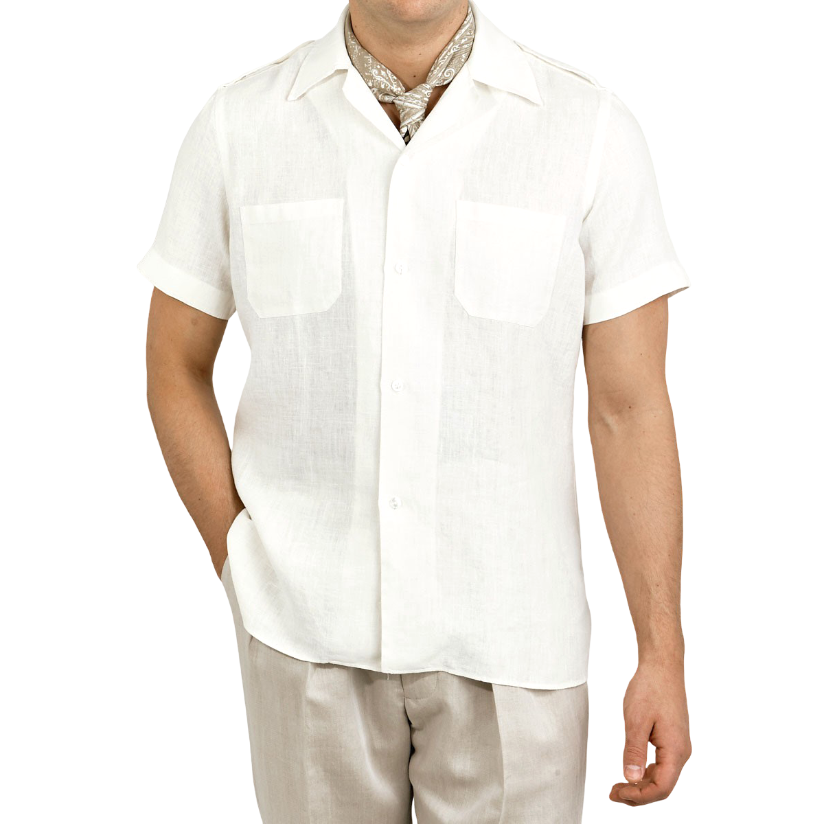 Lardini - White Linen Bowling Shirt with Epaulettes | Baltzar