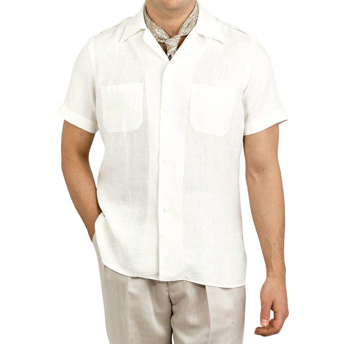 Lardini White Linen Bowling Shirt With Epaulettes Baltzar