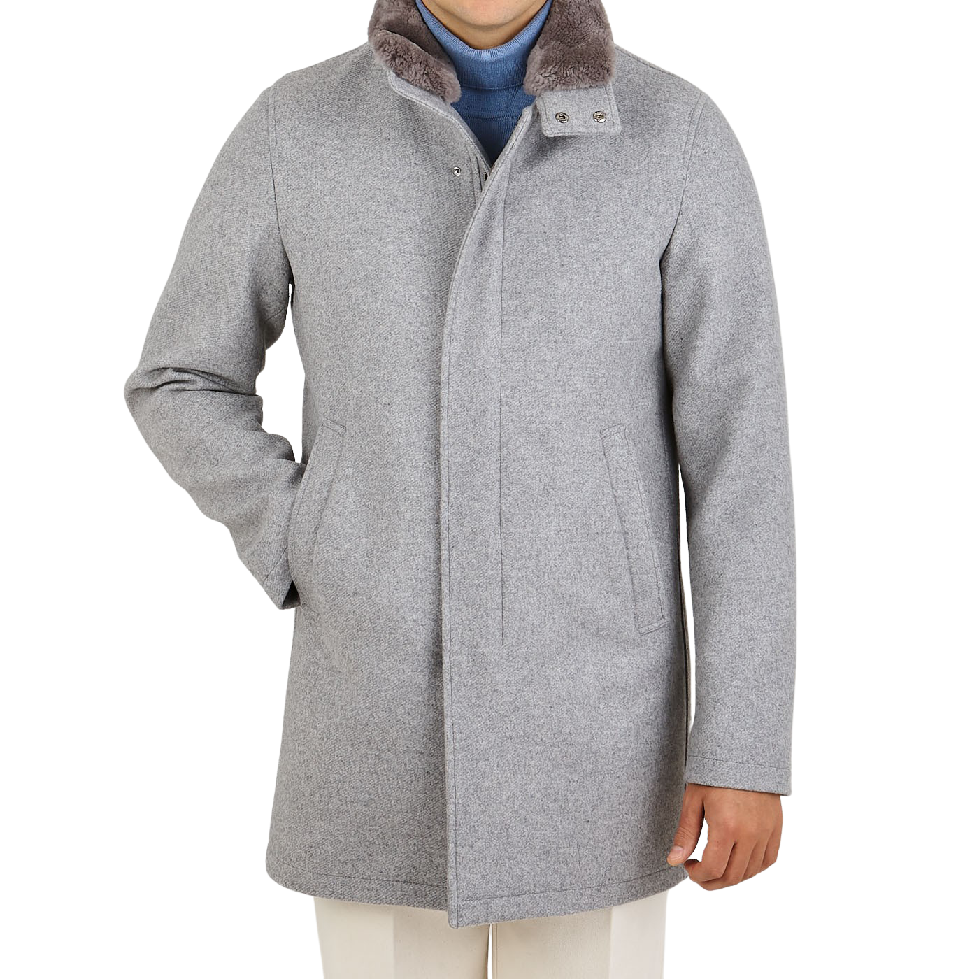 Herno - Light Grey Diagonal Wool Fur Car Coat | Baltzar