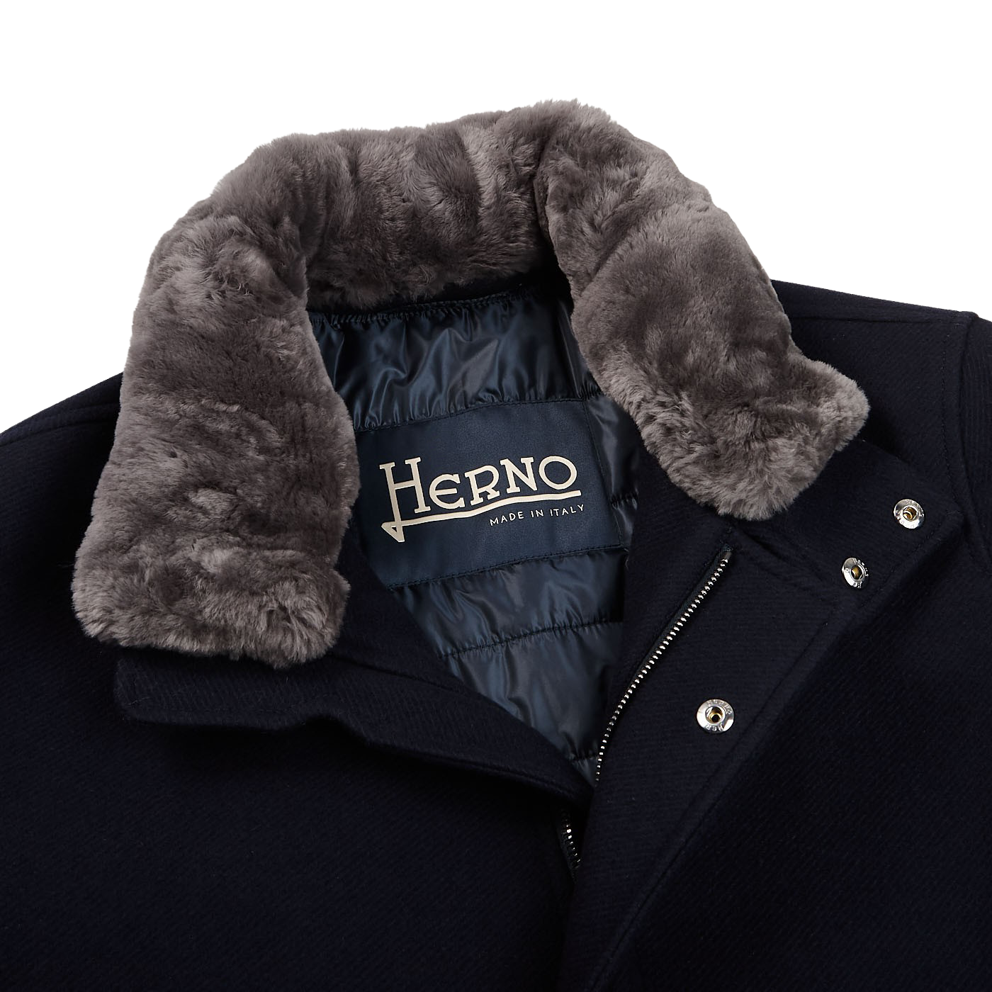 Herno - Navy Diagonal Wool Fur Car Coat | Baltzar