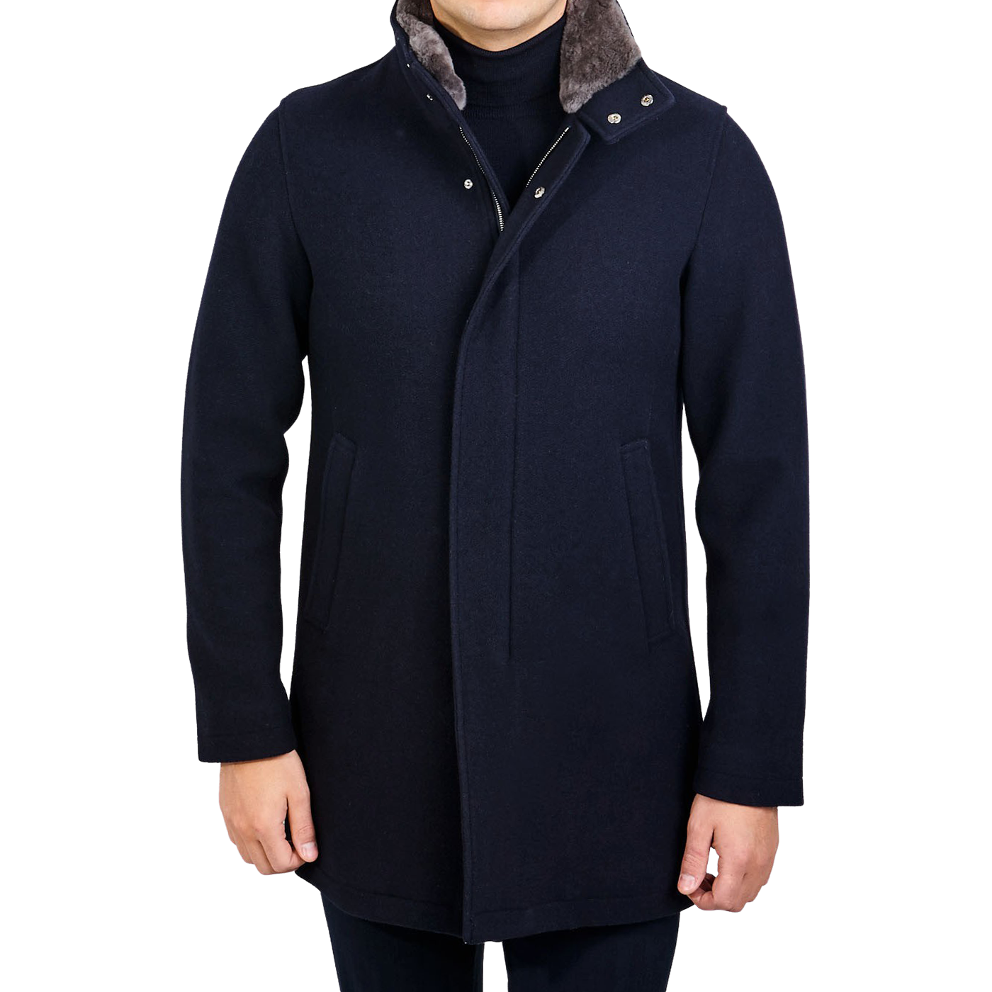 Herno - Navy Diagonal Wool Fur Car Coat | Baltzar