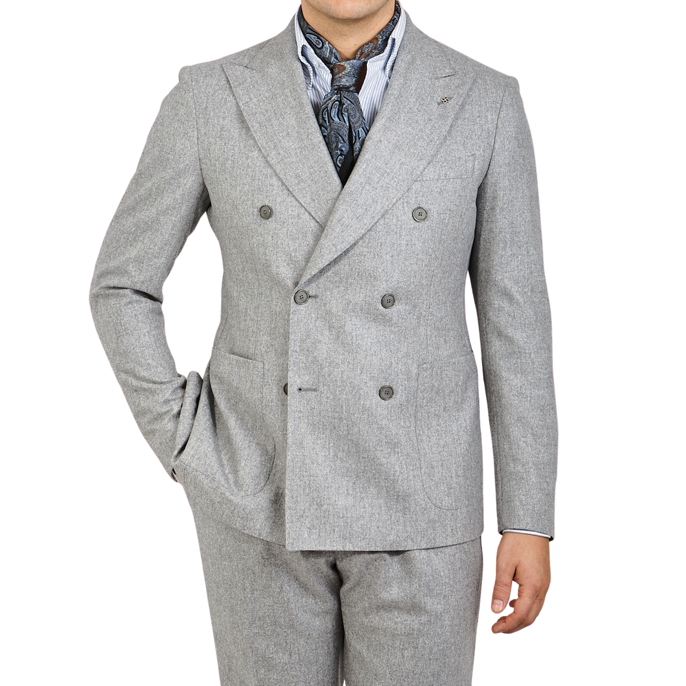 double breasted light grey suit