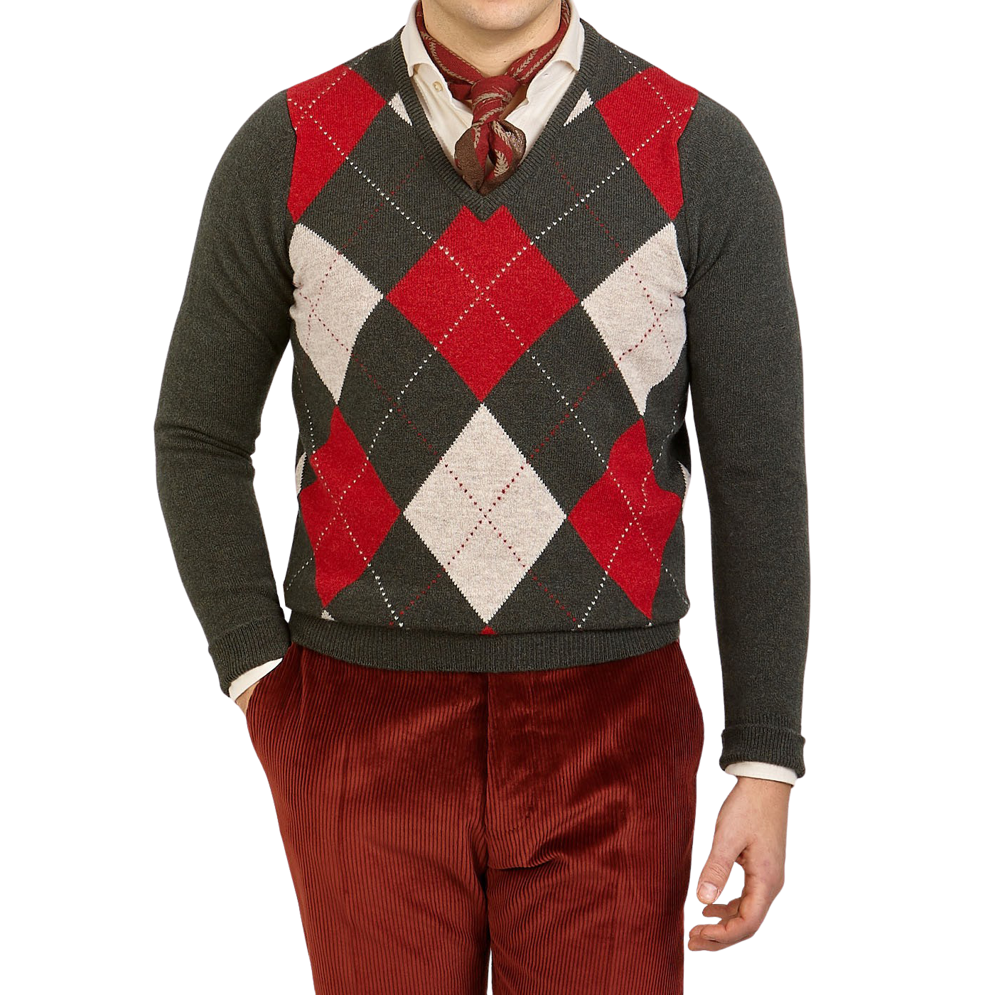 green argyle jumper