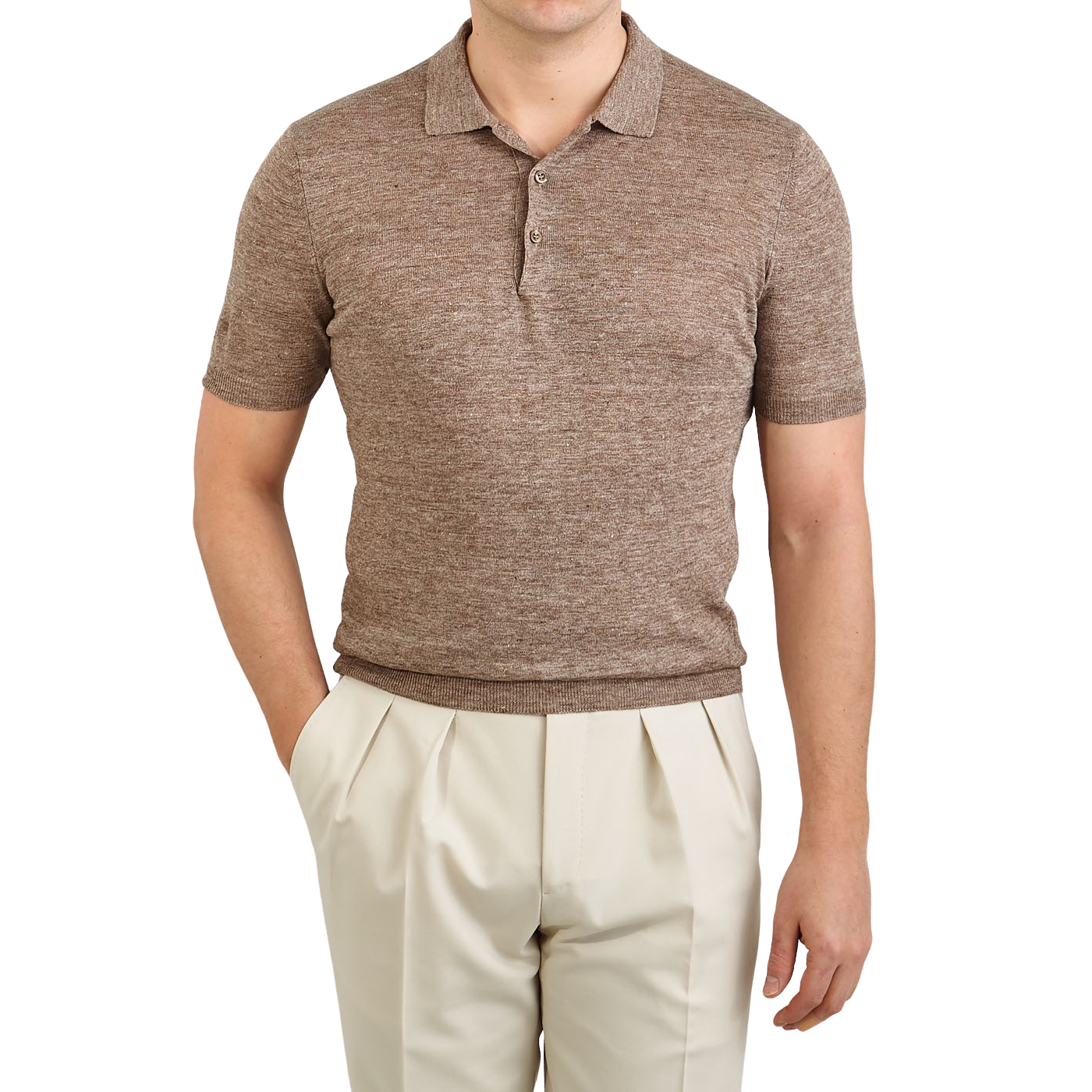 Gran Sasso - Brown Melange Knitted Linen Polo Shirt | Baltzar