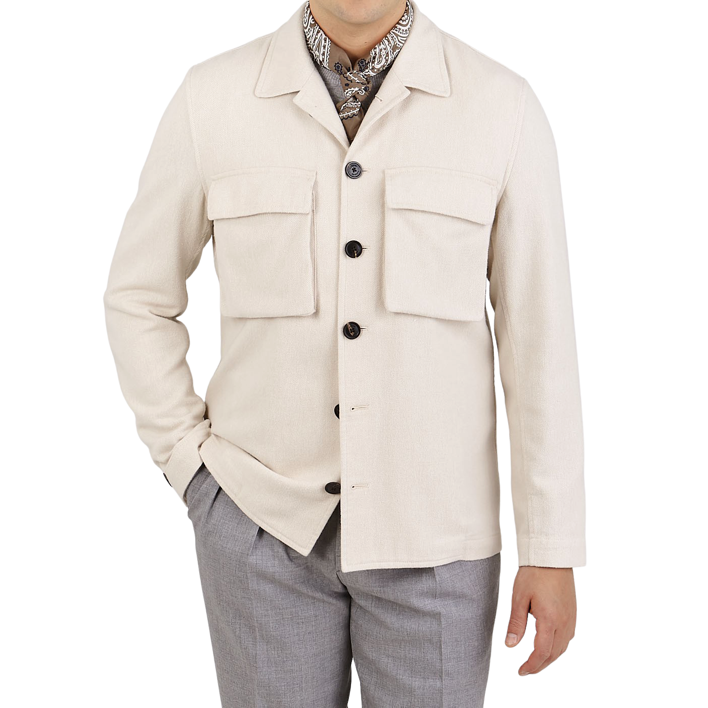 Cream Beige Cotton Twill Overshirt 