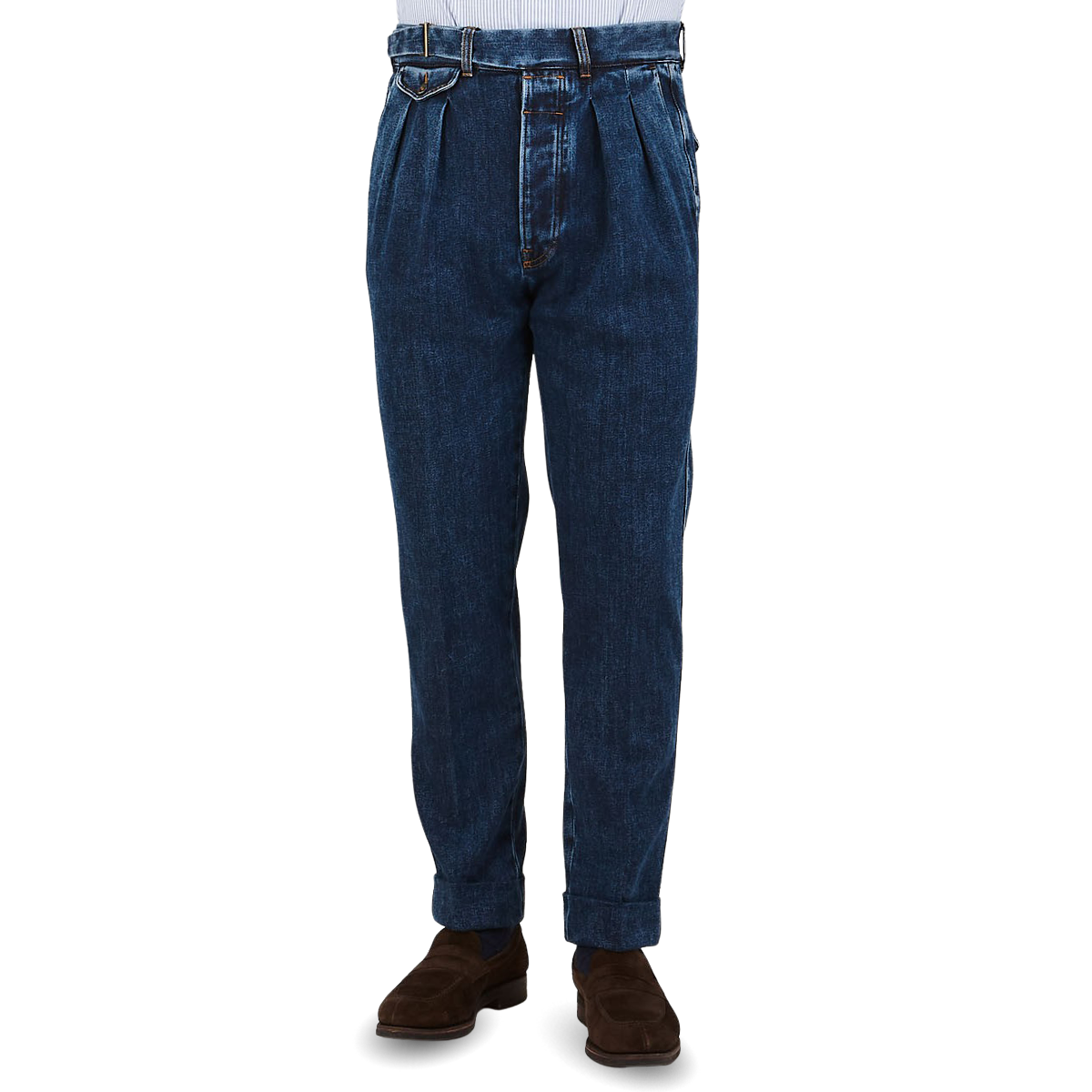 Washed Blue Cotton Pleated Gurkha Jeans 