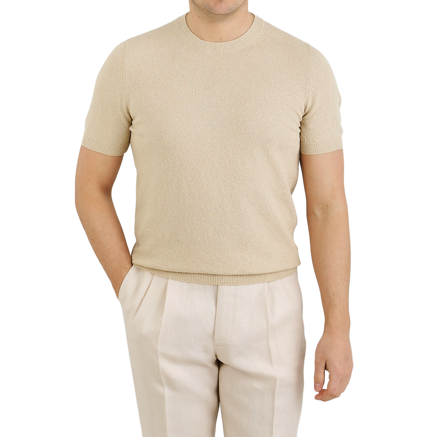 Beige Knitted Cotton Sponge T-shirt 