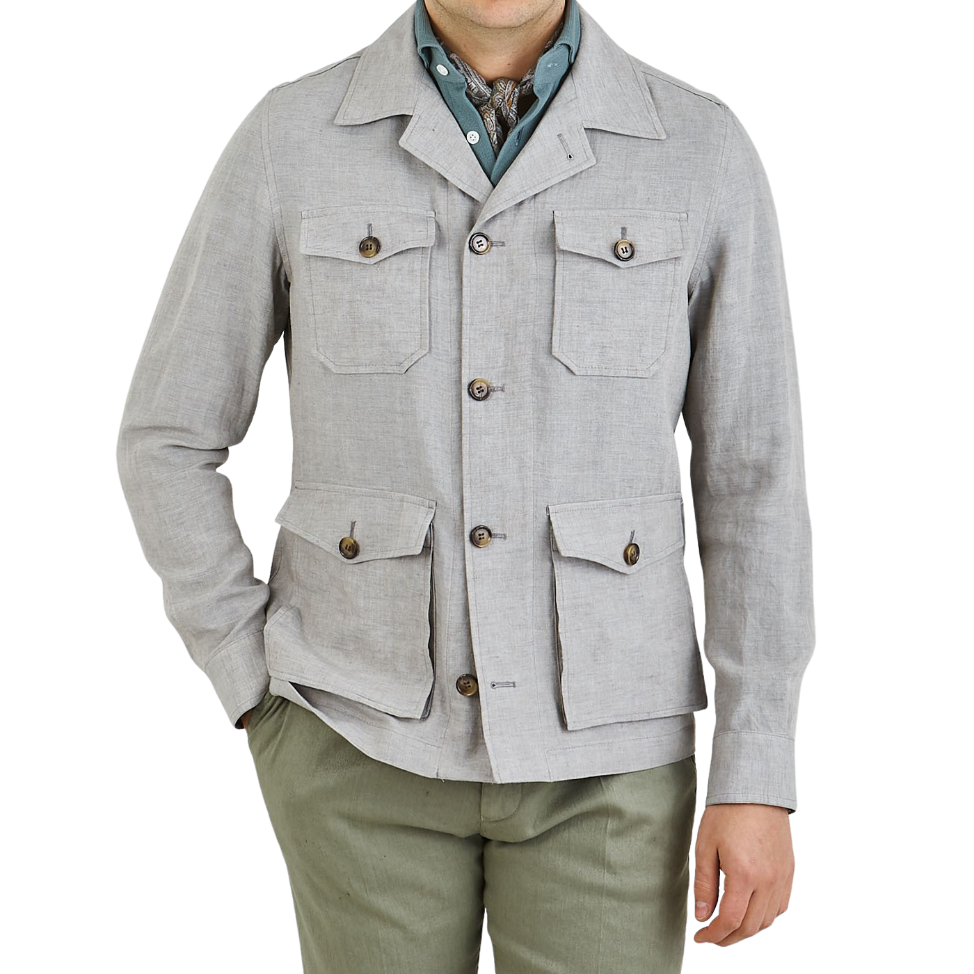 Grey Beige Melange Linen Overshirt 