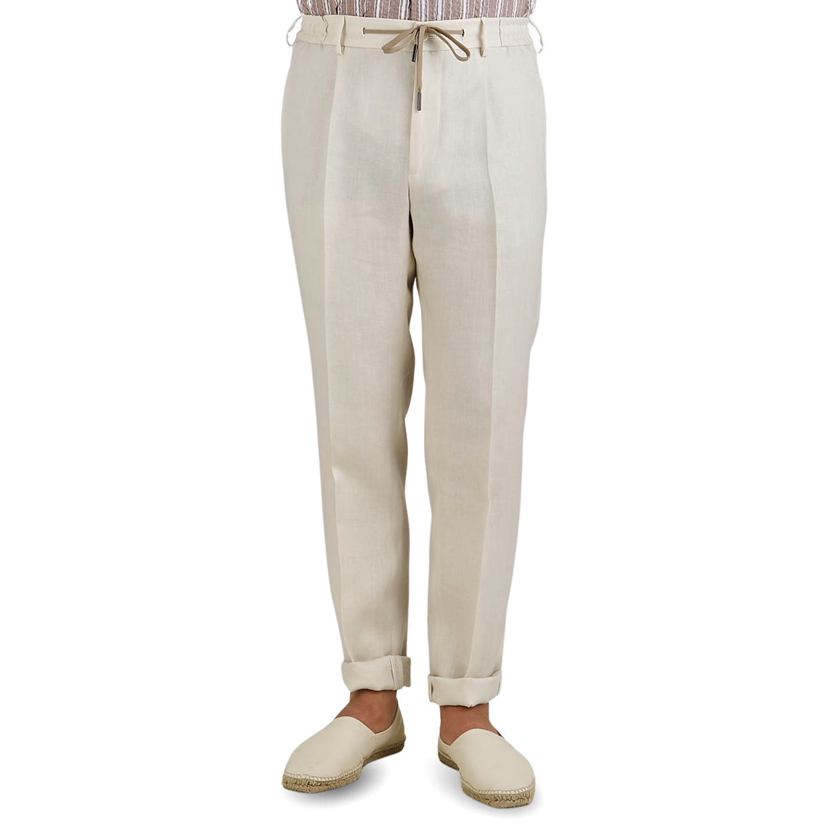 Cream Beige Linen Drawstring Trousers 
